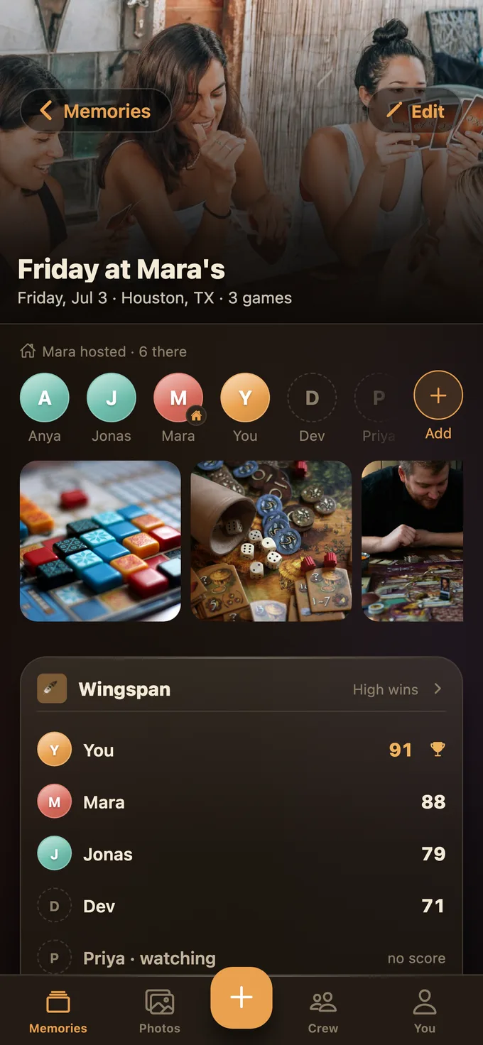 A saved Tabletales night opened to its photos, games, and scores